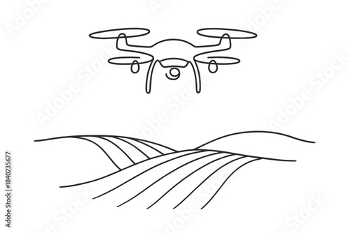 Minimalist Drone Artwork. Crop monitoring drone. Minimalistic one-line drawing a quadcopter hovering above a