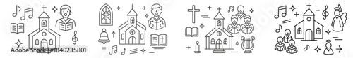 Church music activities during a community service with people singing and playing instruments