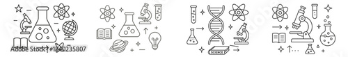 Science symbols show experiments tools learning concepts for education on a white background