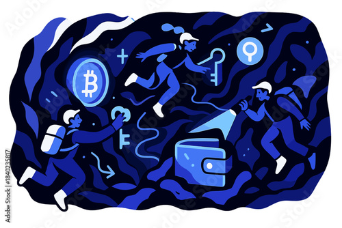 Neon Cavern Discovery. Digital relics. Explorers hover in neon-lit caverns, uncovering glowing coins, key