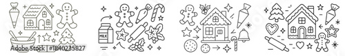 Outline drawings of various holiday-themed items including a house, gingerbread people, and baking tools