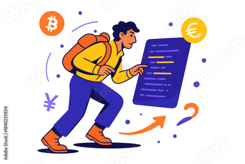 Holographic Ledger Exploration. The lost ledger. An explorer studies a floating holographic ledger, lines of