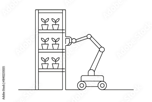 Minimalist Vertical Farming Robot. Vertical farming robot. Minimalistic one-line drawing a tall robotic system