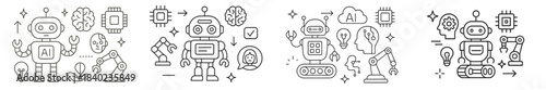 Different types of robots with various features and elements representing artificial intelligence and technology in a creative design