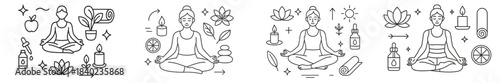 Meditation and wellness symbols featuring different practices and elements related to mindfulness and relaxation