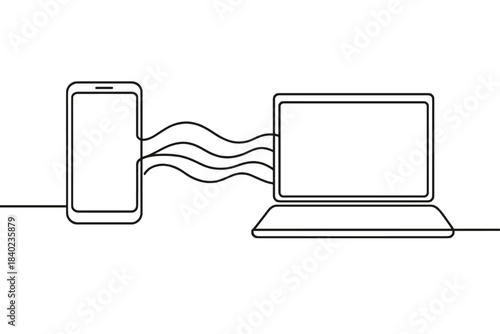 Minimalistic Tech Flow. Digital productivity tools. Minimalistic one-line drawing a smartphone and laptop