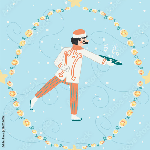 Retro ice waiter with drinks. Fairytale winter skating rink vector pattern. Garlands, lights, garcon, and snow. Blue retro festive wallpaper for wrapping paper. Royal Christmas in the castle print.