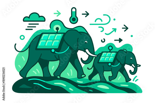 Solar-Powered Elephants. Wearable ecology. Elephants adorned with solar-tech blankets powering sensors that