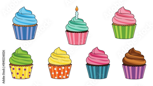 Collection of assorted frosted cupcakes with colorful wrappers, ideal for celebrations and party themes