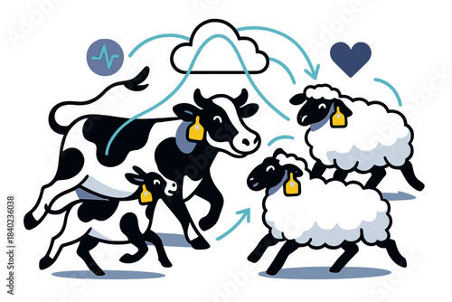 Smart Farm Animals. Smart farm animals. Cows and sheep wear glowing ear tags connected to floating cloud icons