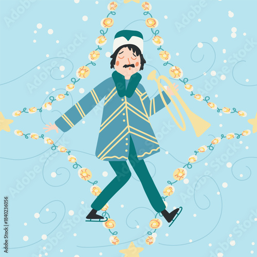 A retro musician on skates plays the trumpet. Fairytale winter skating rink vector pattern. Garlands, lights, music, and snow. Blue retro festive wallpaper for wrapping paper. Royal Christmas.