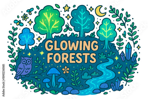 Glowing Forests Doodle. Glowing Forests. Hand-drawn doodle illustration of Glowing Forests. Neon trees,