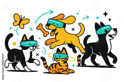 AR Pets Playtime. AR pets. Cats and dogs wear augmented reality visors projecting playful holograms —