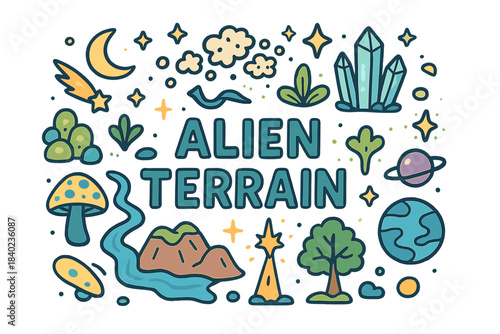 Alien Terrain Doodle. Alien Terrain. Hand-drawn doodle illustration of Alien Terrain. Glowing rocks, crystal