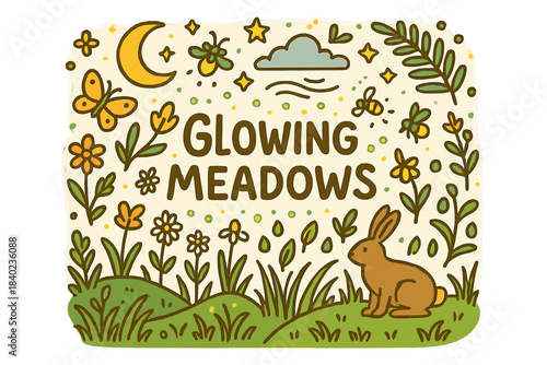 Glowing Meadows Illustration. Glowing Meadows. Hand-drawn doodle illustration of Glowing Meadows. Fireflies,
