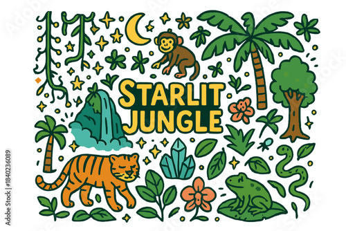 Starlit Jungle Doodle. Starlit Jungle. Hand-drawn doodle illustration of Starlit Jungle. Glowing vines, tiger,
