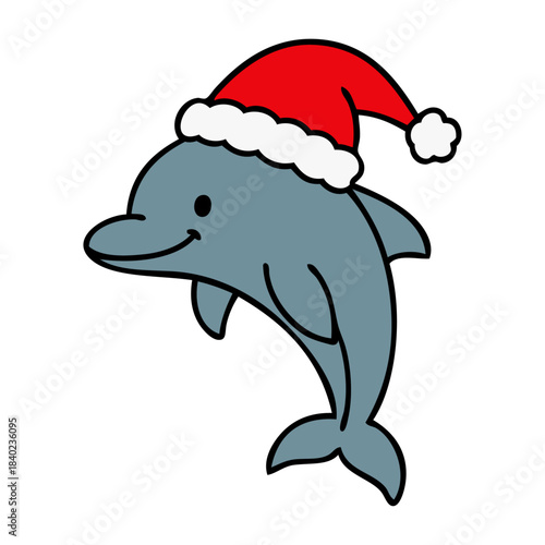 Dibujo sencillo con líneas de delfín simpático con sombrero de Santa Claus para tarjetas y felicitaciones de Navidad