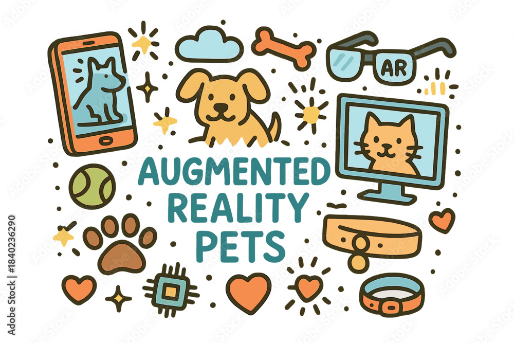 Fototapeta premium Augmented Reality Pets. Augmented Reality Pets. Hand-drawn doodle illustration of Augmented Reality Pets.