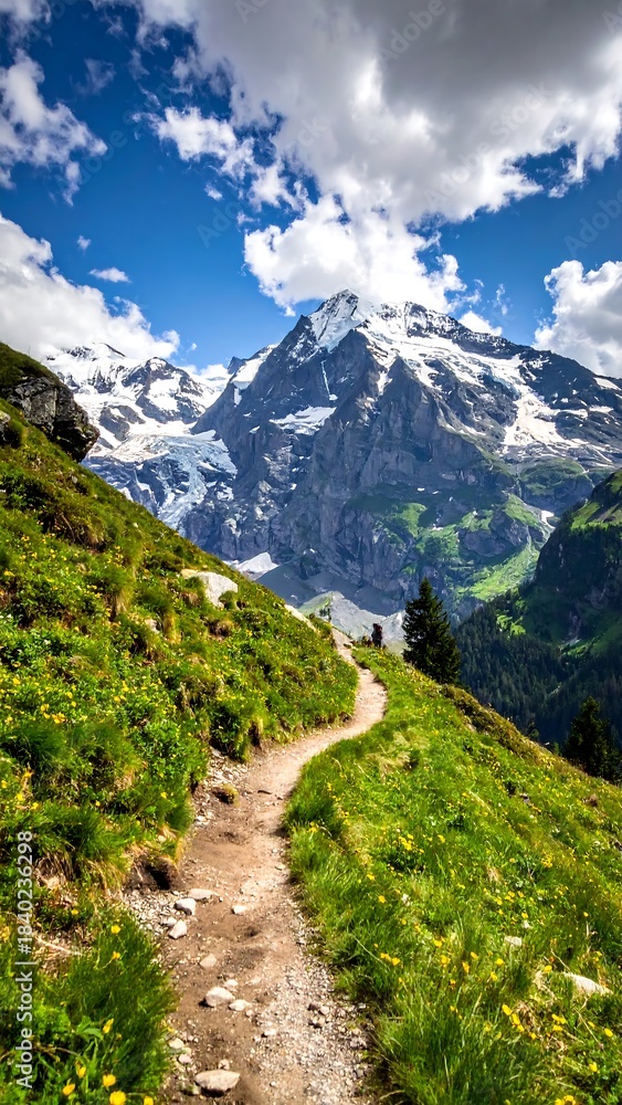 Obraz premium Mountain path winds through lush greenery beneath snow-capped peaks and a partly cloudy sky, offering a scenic view