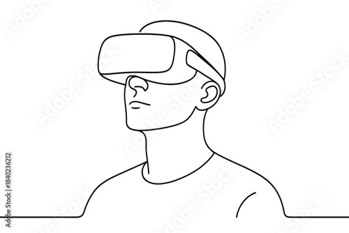 Minimalist AR Experience. Augmented reality headset. Minimalistic one-line drawing a person immersed in a