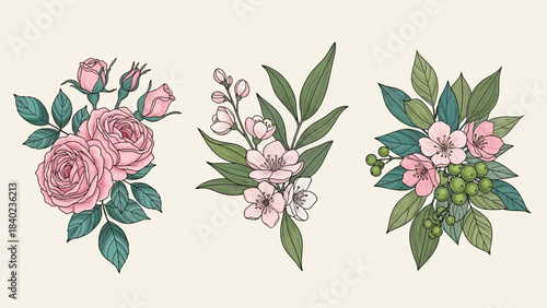 Three hand-drawn floral bouquets featuring pink roses, delicate blossoms, and flowers with green berries, set against a light background.