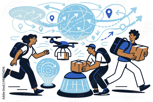 Futuristic Courier Hub. Delivery terminal. Couriers collect parcels from drones landing at glowing pods. Data