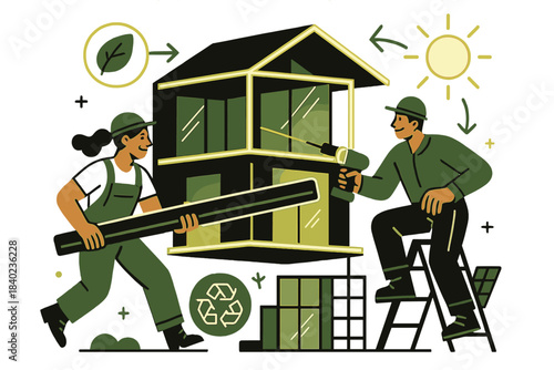 Sustainable Modular Homes. Recycled architecture. Builders construct modular homes from upcycled glass and