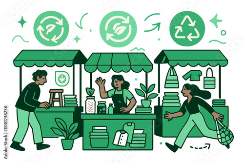 Eco-Friendly Market Scene. Zero-waste marketplace. A vibrant eco-market with glowing displays of products made