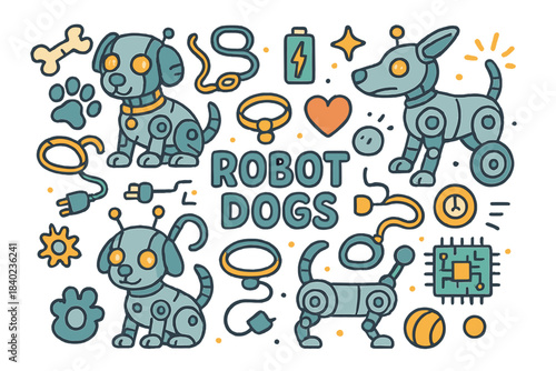 Robot Dogs Galore. Robot Dogs. Hand-drawn doodle illustration of Robot Dogs. Mechanical puppy, gear bone,
