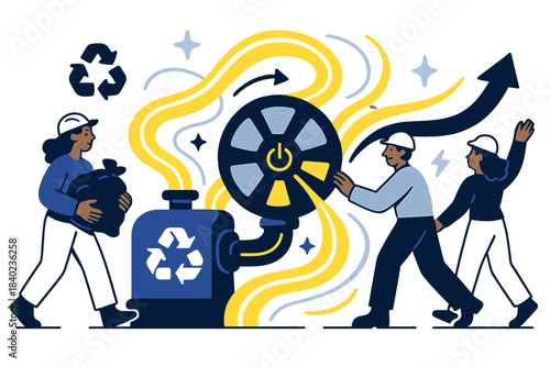 Plastic Energy Transformation. Plastic to power. Engineers operate bright recycling turbines that convert