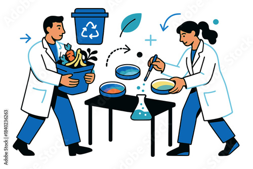 Biodegradable Creation Lab. Bio-waste lab. Scientists in glowing lab coats create new biodegradable materials