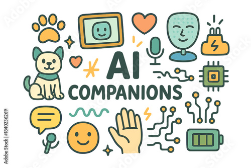 AI Companions Doodle. AI Companions. Hand-drawn doodle illustration of AI Companions. Robot pet, tablet,
