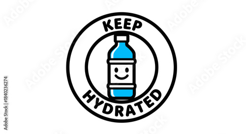 Stay Hydrated Illustration: Cute Water Bottle in Circular Emblem for Health Message