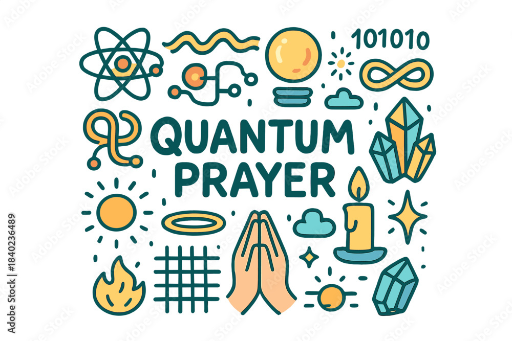 Fototapeta premium Quantum Prayer Illustration. Quantum Prayer. Hand-drawn doodle illustration of Quantum Prayer. Atom, light