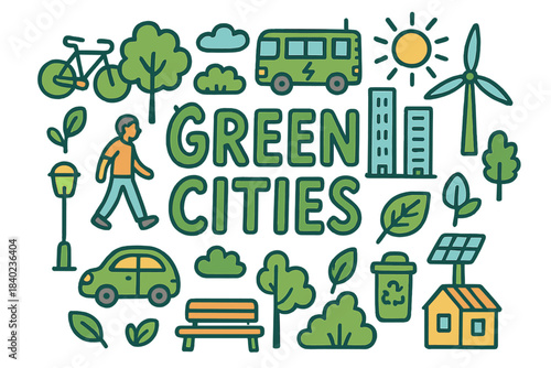 Green City Doodles. Green Cities. Hand-drawn doodle illustration of Green Cities. Bicycle, tree, electric bus,