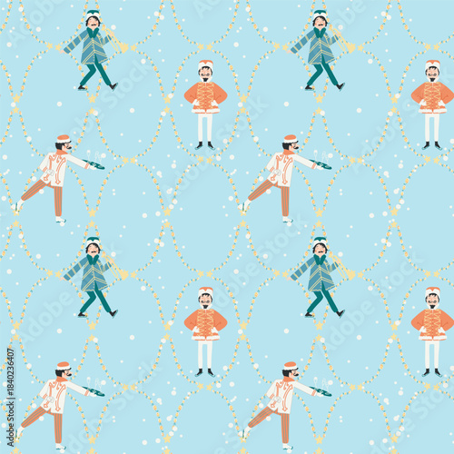 Royal guards, festive waiters, and musicians on ice. Fairytale winter skating rink vector pattern. Blue retro festive wallpaper for wrapping paper. Royal Christmas at the castle print.