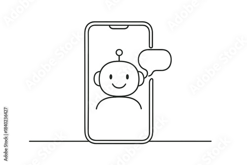 Minimalist AI Caregiver. AI caregiver app. Minimalistic one-line drawing a smartphone showing a friendly