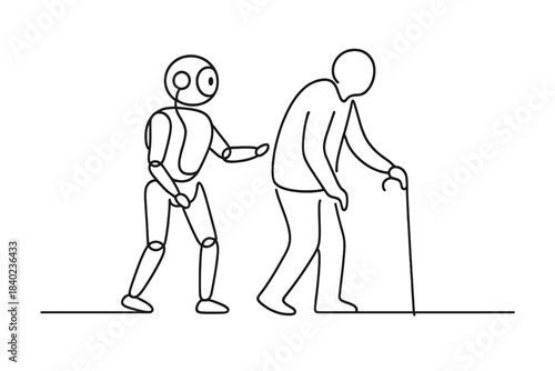 Mobility Support Robot. Mobility support robot. Minimalistic one-line drawing a robot walking beside an older