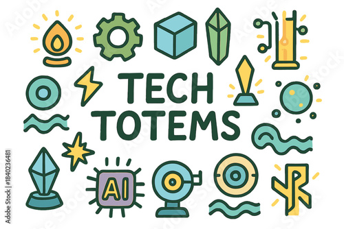 Colorful Tech Totems. Tech Totems. Hand-drawn doodle illustration of Tech Totems. Glowing symbol, gear, cube,