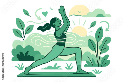 Sunrise Yoga Serenity. Wellness routine. A woman practicing yoga at sunrise, glowing breath lines connect her