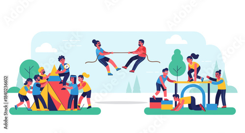 Teamwork And Outdoor Play Activities Depicted Through A Playful And Energetic Illustration