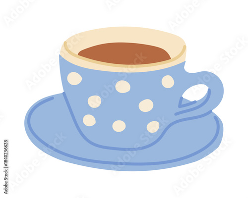 Blue polka dot teacup with a matching saucer filled with warm tea. Cozy relaxation and home comfort symbolized through a simple hand drawn drink illustration
