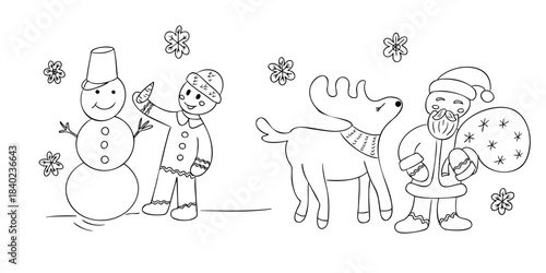 Cute winter scene with Santa Claus, a reindeer, a snowman, and a cheerful child decorating with joy. Holiday celebration and festive spirit captured in playful hand drawn characters