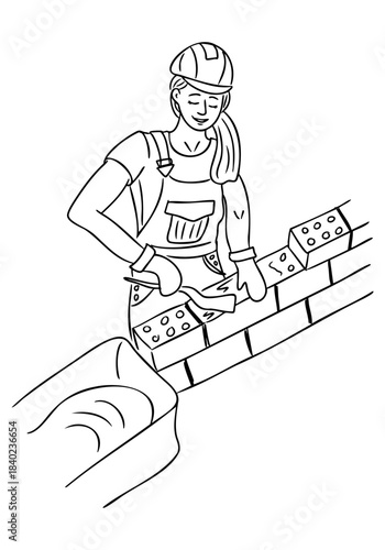 Female bricklayer building a wall with trowel and bricks, wearing protective gear in line art style. Manual labor and skilled trades concept represented through construction hand drawn illustration