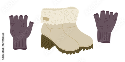 Cozy winter accessories including fleece-lined boots and knitted fingerless gloves in warm tones. Cold weather fashion and seasonal comfort illustrated through stylish hand drawn essentials