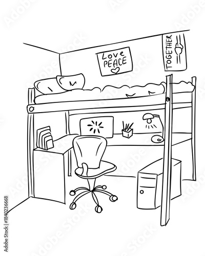 Cozy loft bed setup with workspace underneath, including desk, chair, computer and posters on the wall. Student life and home study concept shown through compact hand drawn room interior illustration