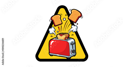 Toaster Illustration Inside a Caution Sign Featuring Bursting Toast Slices