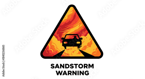 Sandstorm Hazard Ahead: Warning Sign Featuring Silhouette Of A Car Amidst Ardent Skies