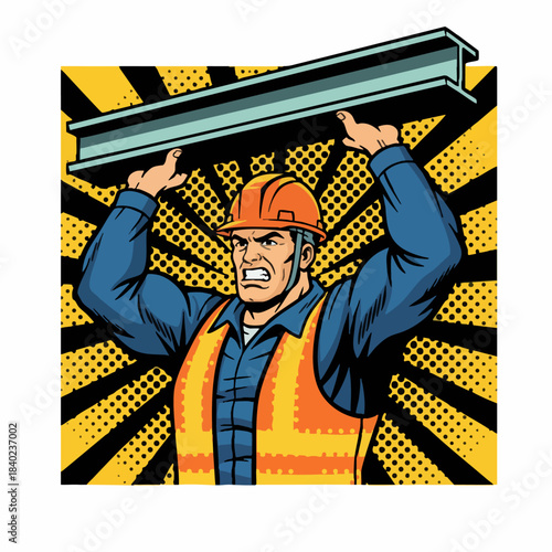 Strong construction worker lifting heavy steel beam vector illustration