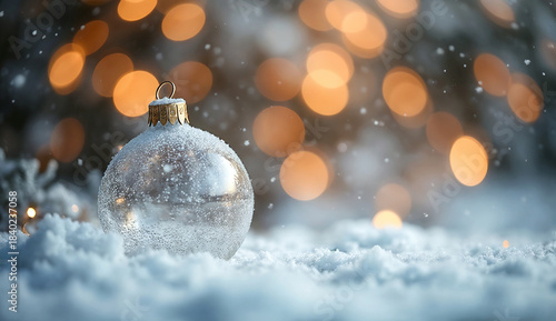 Empty glass ornament in snow with bokeh background